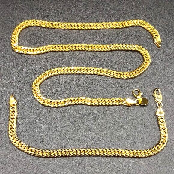 18k Gold Plated Necklace Bracelet Set Double Cuban Anniversary Birthday Gift - Picture 3 of 6